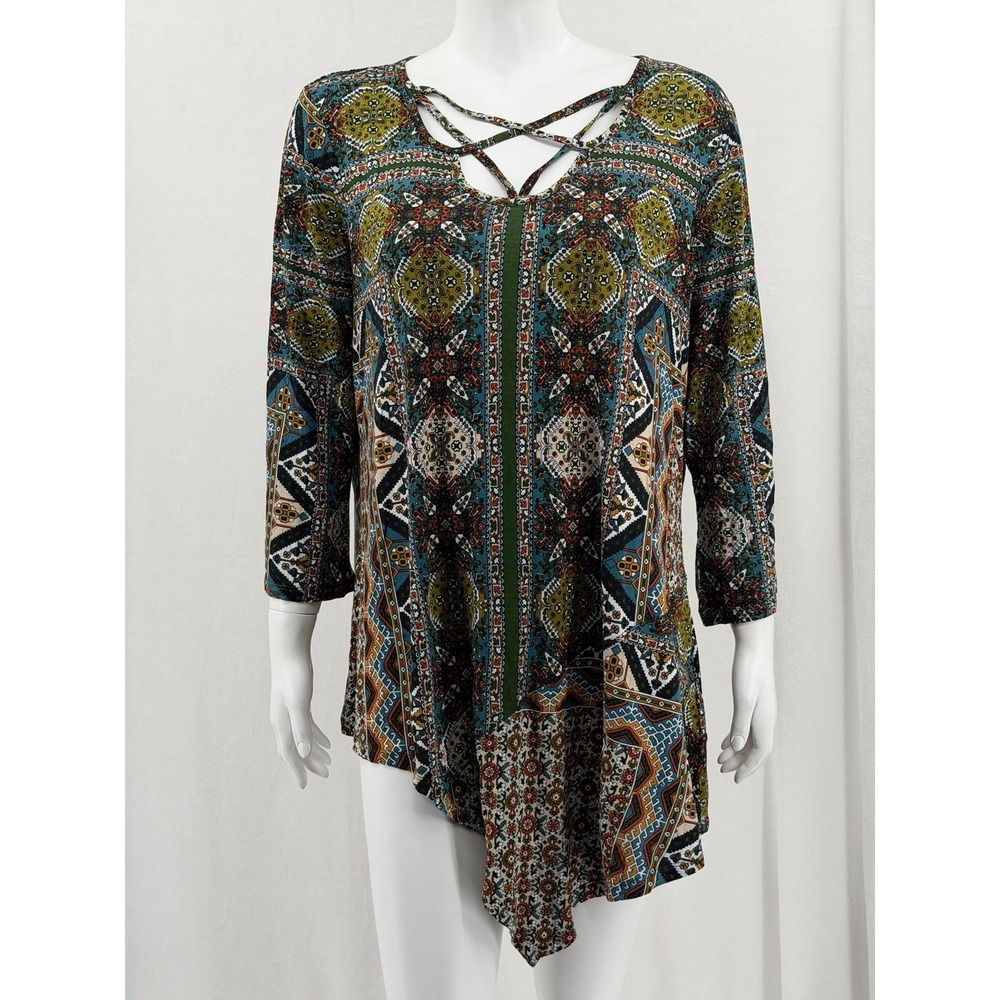 One World Top Women 1X Blue Boho Floral Tunic Strappy Artsy Asymmetrical Stretch